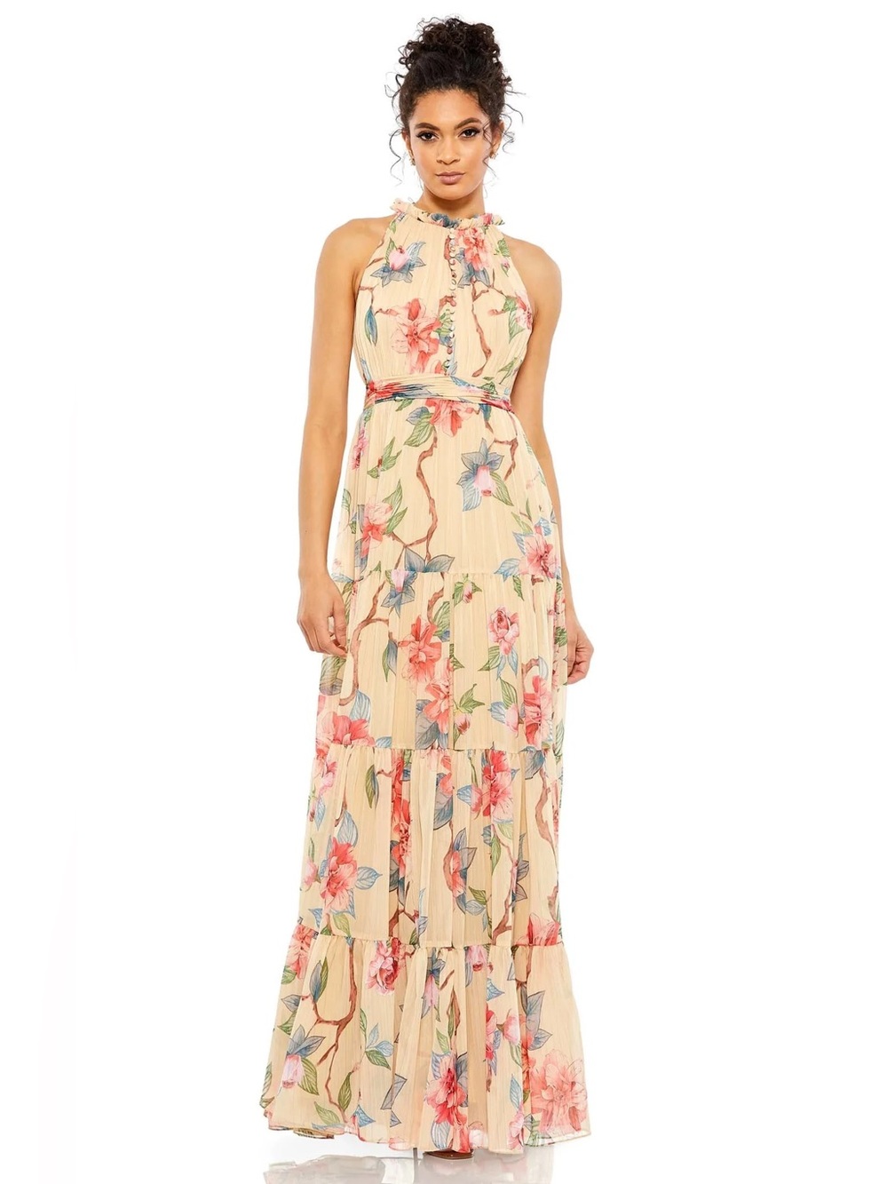 NWT Ieena for Mac Duggal Sleeveless Beige Floral Maxi Dress, Size US 2